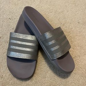 Grey and Silver Adidas Slides